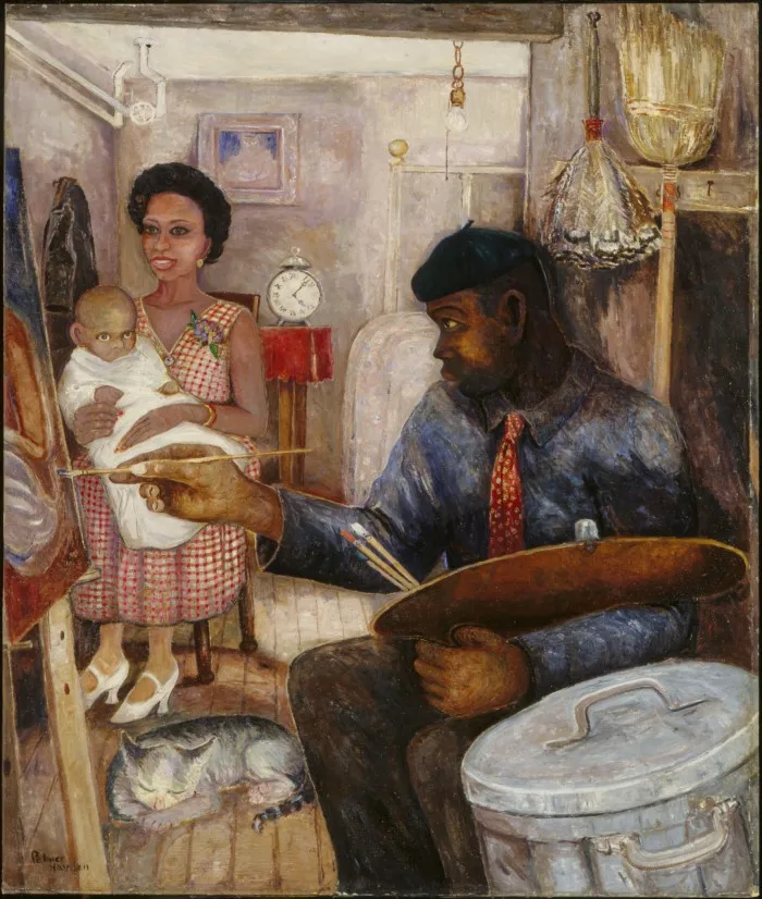 Painting of black woman sitting holding baby being painted by a black artist at an easel with a metal dustbin in the foreground