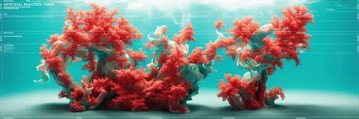 An image from an art gallery shows pink coral-like structures with text superimposed