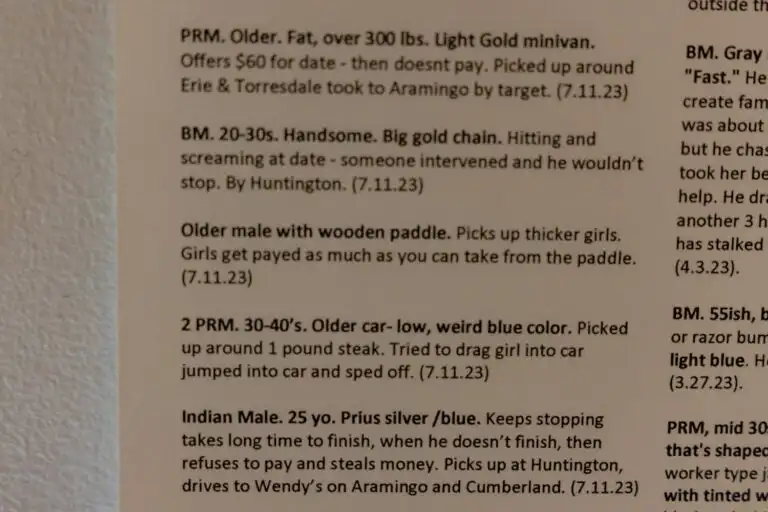 Text describing bad dates and dangerous people for sex workers
