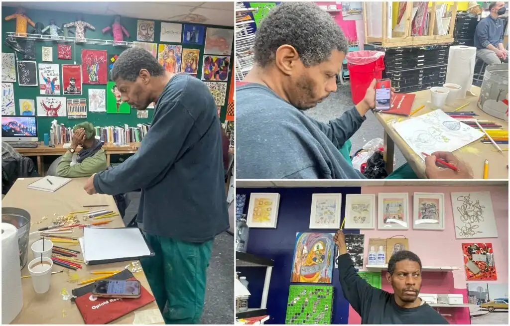 Three photos of Knicoma Frederick creating his artwork