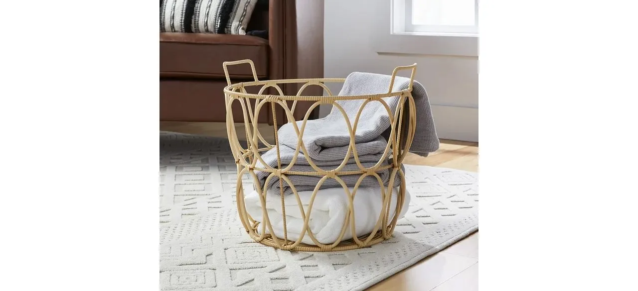 Better Homes & Gardens Large Natural Poly Rattan Open Weave Round Basket with folded blankets inside