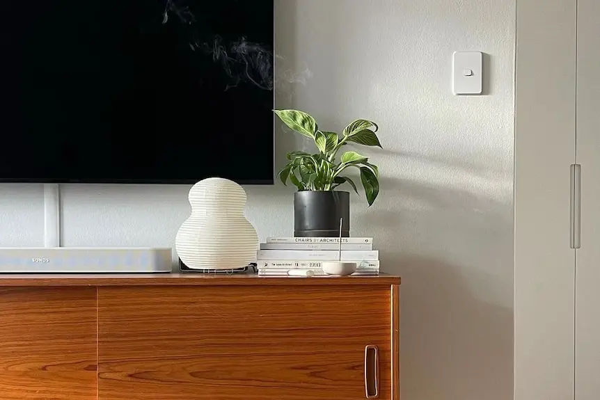 A styled corner of a tv cabinet, incense, a white stack of books and a small peace lily all grouped together. 