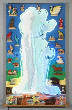 Willem Volkersz, “Yellowstone Wildlife,” 2008. Neon, wood, acrylic/latex paint, found objects; 73 x 47 x 9 inches. Collection of the artist.
