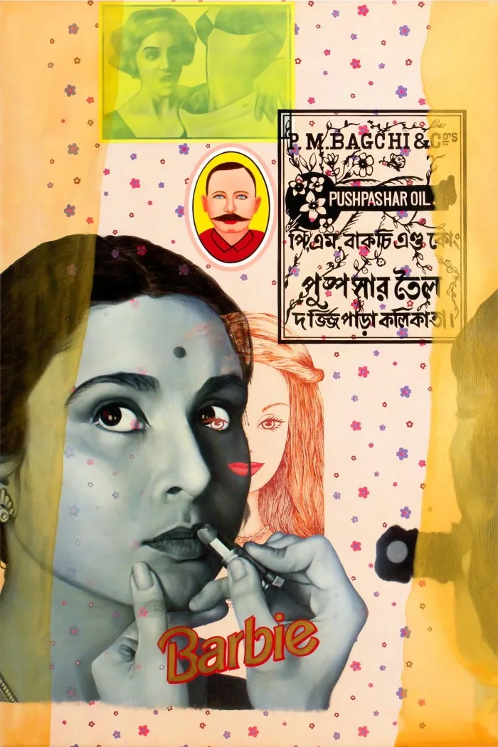 An artwork features an image of a south Asian woman having lipstick applied, surrounded by vintage photographs and logos, including that of Barbie