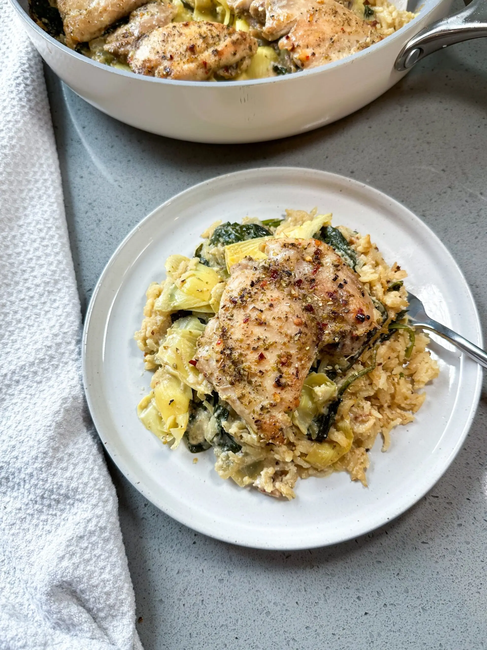 PHOTO: A plate of spinach and artichoke chicken.