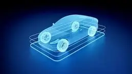 A futuristic wireframe of a vehicle on a charging pad. 