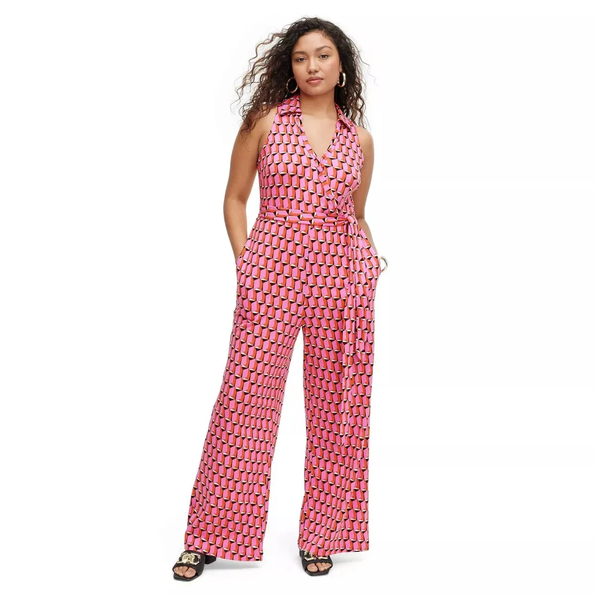 DVF x Target Women's Collared Sleeveless Pink Modern Geo Jumpsuit