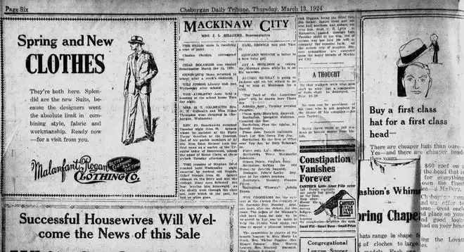 A variety of ads are seen in the March 13, 1924 edition of the Cheboygan Daily Tribune.