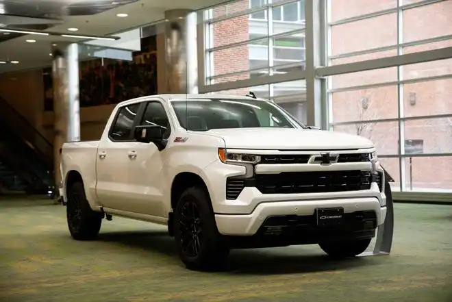 The 2024 Chevy Silverado sits at the Iowa Events Center on Thursday, March 14, 2024.