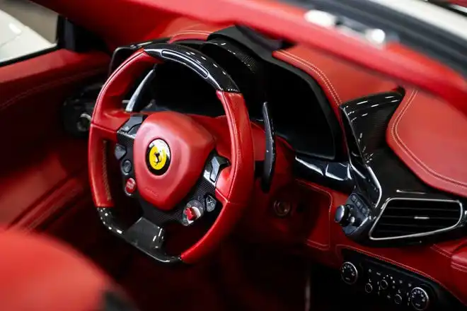 The interior of a Ferrari ahead of the All Iowa Auto Show Thursday, March 14, 2024, at the Iowa Events Center.