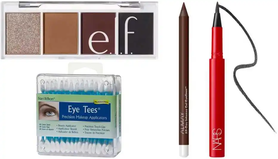 Fran Wilson Eye Tees Precision Makeup Applicator Cotton Tips; e.l.f. Cosmetics Bite Size Eyeshadow Palette in Truffles; Almay All-Day Intense Gel Eyeliner in Deep Chestnut; Nars Climax Waterproof Liquid Eyeliner in Explicit Black