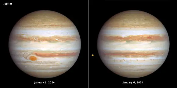 Jupiter is revisited by the NASA/ESA Hubble Space Telescope in these images, taken on January 5-6, 2024, capturing both sides of the giant planet. Image credit: NASA / ESA / STScI / Amy Simon, NASA’s Goddard Space Flight Center.