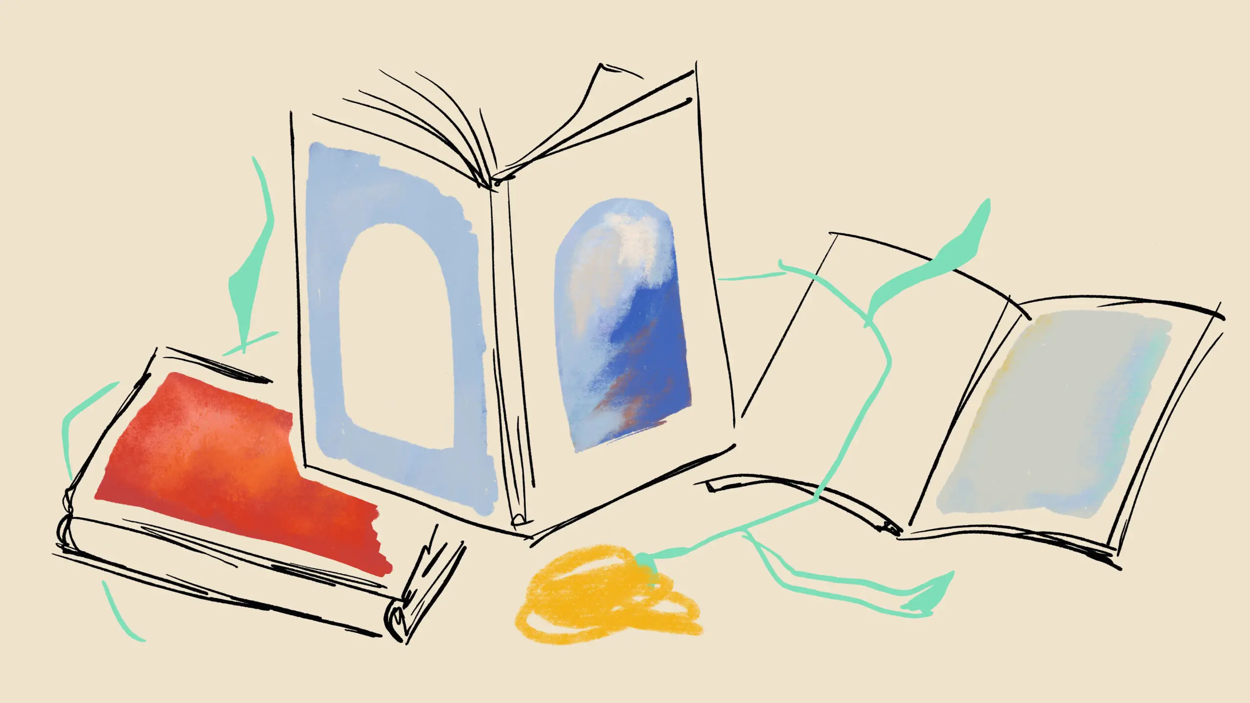 A watercolor illustration of books