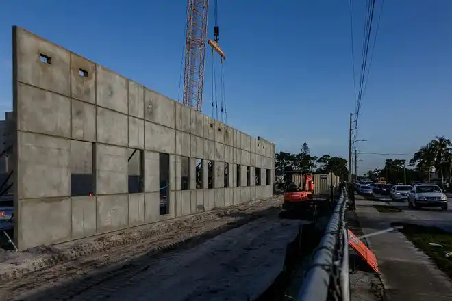 Tilt-wall construction continues on The Education Foundation of Palm Beach County's new Innovation Hub near Barton Elementary School on March 8, 2024, on the south-side of Lake Worth Beach, Fla. The new facility is planned to be open by December this year.