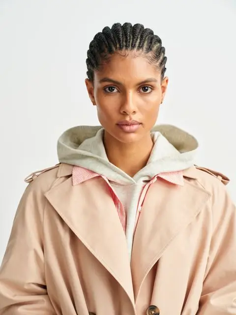 ANYDAY hoodie, £28, Coral Stripe Shirt, £32, Beige trench coat, £85, John Lewis