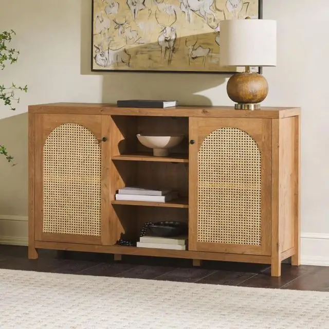 oak rattan buffet in living room