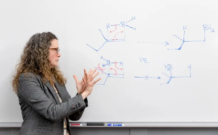 Dr. Christina Goudreau Collison teaches and signs at a whiteboard