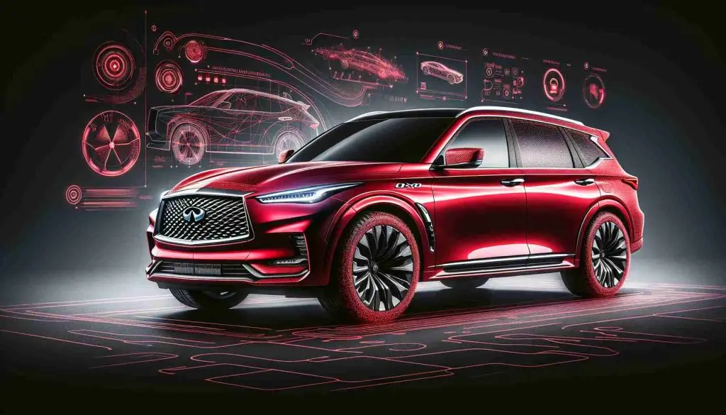 Produce a photo-realistic, high-definition image of a hypothetical 2025 version of a INFINITI QX80 luxury sport utility vehicle. The vehicle should be full-size, defined by its innovative design features and cutting-edge technology. The car paint should be a vibrant and elegant red colour, indicative of its sophisticated aesthetic appeal. Elements like the logo, aerodynamic lines, creative head and tail light designs can be emphasized to showcase the brand's commitment to high-end style and utility.