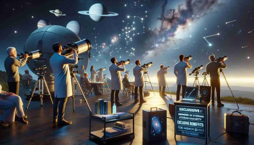 A realistic HD image showcasing the exclusive benefits for members of an Astronomy Society. This scene includes a large stargazing event under a clear night sky filled with stars. In the foreground, several members of various descents and genders, equipped with advanced telescopes, are gazing up at the sky. Nearby, a white male astronomer is giving a guided tour of the constellations. On the side, there's a table with astronomy books, star maps, and other exclusive resources available only for the members. Through the telescopes, they see distant galaxies, nebulae, and star clusters, a few of which are annotated with their scientific names, a unique perk for the members.