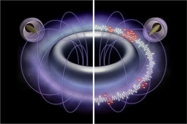 Artist's impression of a plasma confined in the RT-1 facility. The plasma appears as a glowing purple cloud within a toroidal chamber surrounded by magnetic field lines and containing red particles (representing high-temperature electrons) that are emitting white lines (representing the chorus waves)