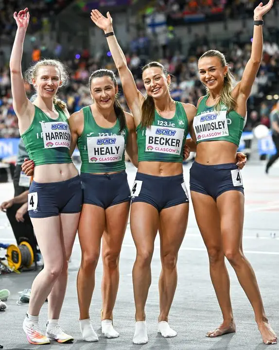 Sharlene with her relay teammates Roisin, Phil and Sophie at the World Indoors in Glasgow