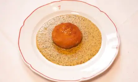 ‘In a lake of mustard sauce’: pig’s trotter croquette.