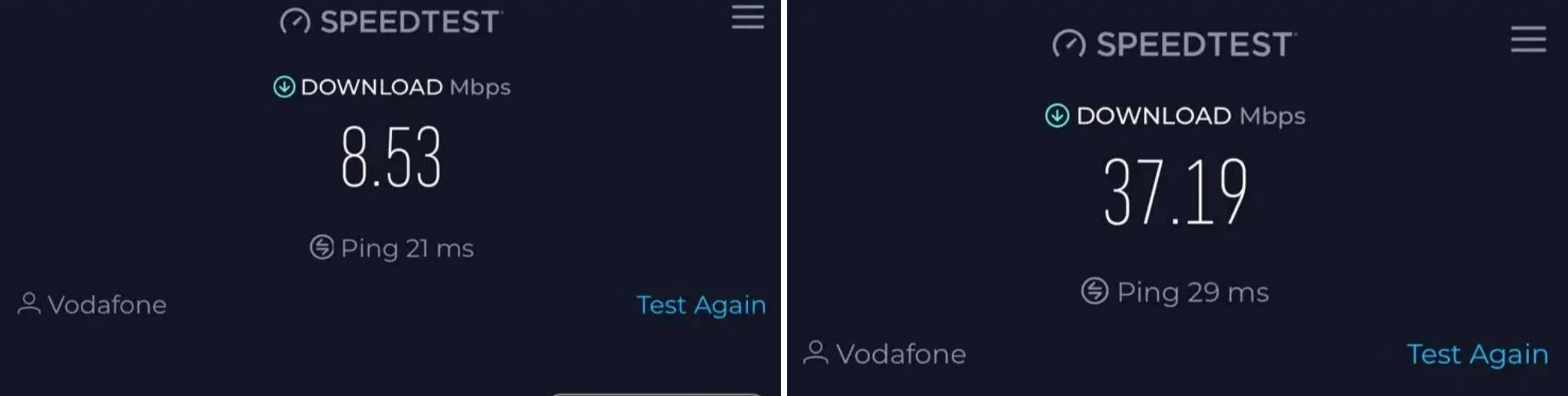 Speed result on the iPhone 14 (left) and iPhone 15 (right)