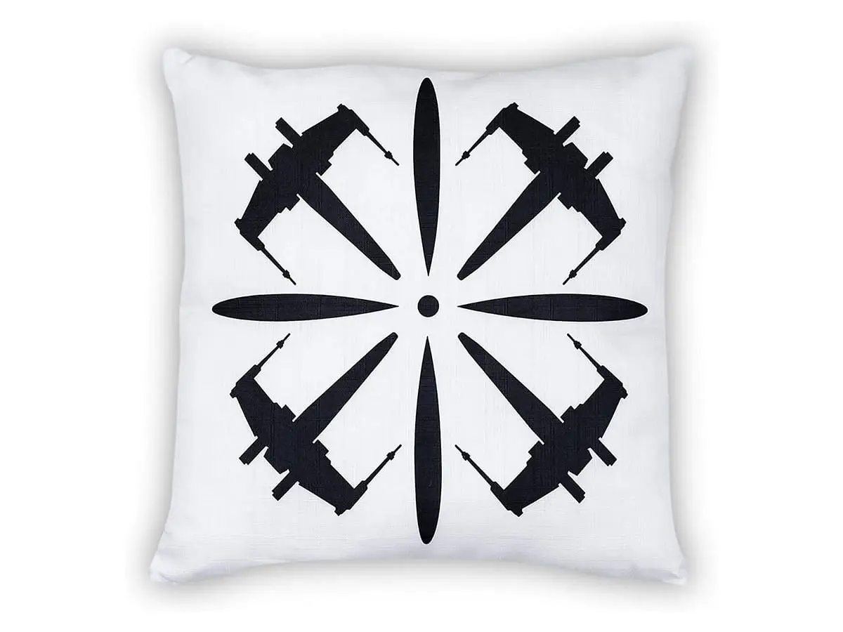 Star Wars home decor: White Throw Pillow | Black X-Wing Fighter Design (Image via Amazon)