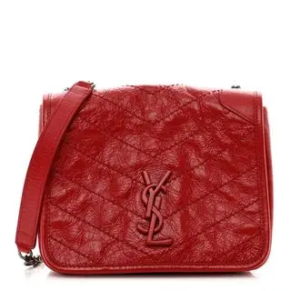 Saint Laurent Crinkled Calfskin Matelasse Monogram Niki Chain Wallet Red