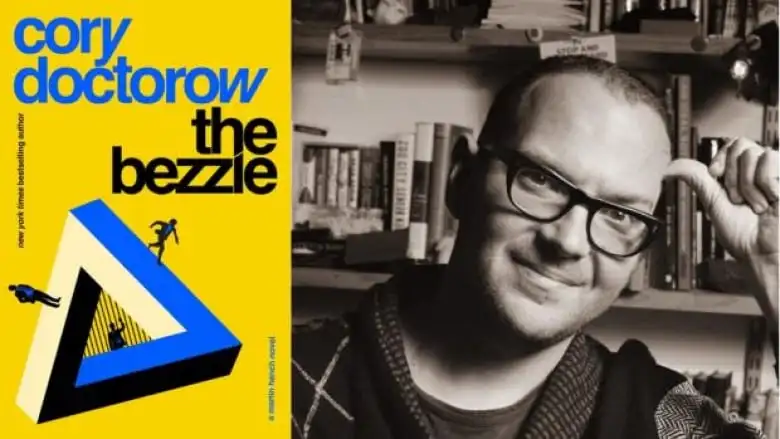 A yellow book cover featuring 3 figures on a Penrose triangle next to a sepia toned photo of a man with close shaven hair and glasses smiling at the camera.