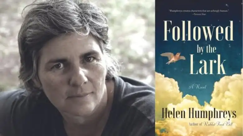 A woman with wavy grey hair looks at the camera next to a book cover featuring clouds and blue sky.