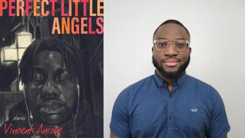 A black book cover featuring a Black man wearing wired headphones with his eyes closed, next to a Black man with his hair closely shaven wearing a blue collared shirt and glasses looking at the camera.