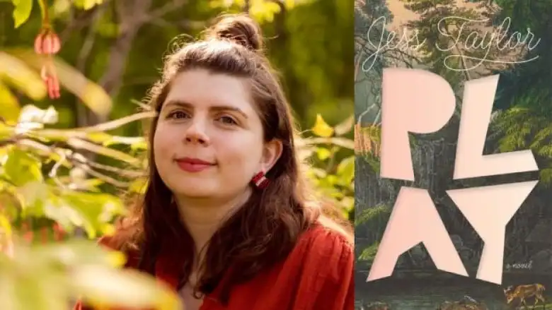 A woman with brown hair in half top knot sits in a forest smiling at the camera next to a forest themed book cover.