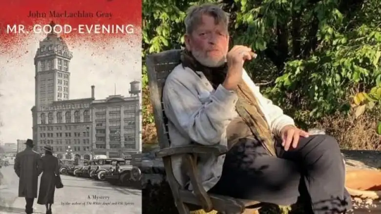 A book cover featuring a couple walking through an old city, next to a photo of an older man with grey hair sitting on a chair outside, looking at the camera. 