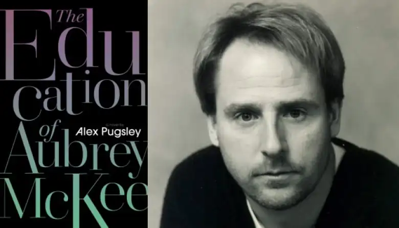 A black book cover with a gradient font next to a black and white photo of a man with short hair and facial hair looking at the camera.