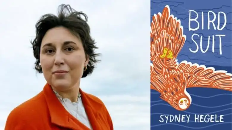 A woman with short brown hair wearing a red coat looks at the camera, next to a blue book cover featuring a red bird with a human face.