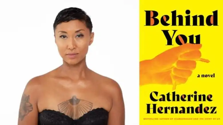 A Brown woman with short dark hair and tattoos looks at the camera next to a yellow book cover.