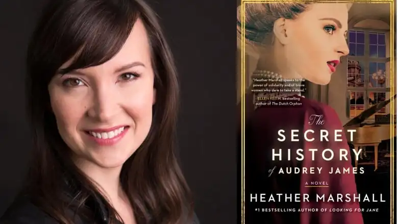 A white woman with brown hair and side bands smiles at the camera. A book cover of a white woman in a burgundy dress. 