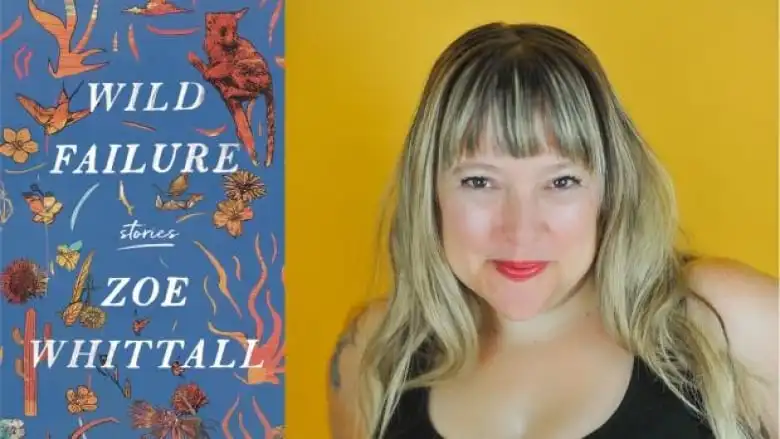 A blue nature themed book cover next to a blonde woman with bangs smiling at the camera. 