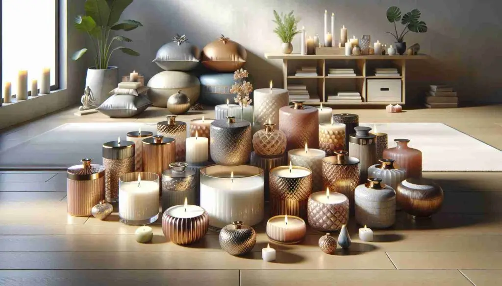 A high-definition, realistic image showcasing an array of lavish scented candles that have surged in popularity. The candles come in a variety of shapes, sizes, and colors, each exuding a different enticing aroma, pleasing not only to the sense of smell but also to the eye. They are placed in a home décor setting, indicating their role as stylish accessories in contemporary homes. Wellness symbols such as yoga mats, meditation cushions, and indoor plants are subtly present in the background, hinting at the increasing trend of considering candles as essential elements in promoting a serene and calming ambiance.