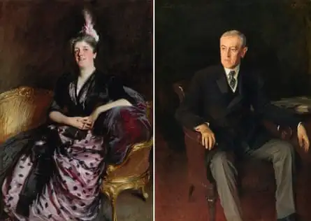 Mrs Edward Darley Boit (Mary Louisa Cushing), 1887, left, by John Singer Sargent; alongside his Portrait of US president Woodrow Wilson, 1917.