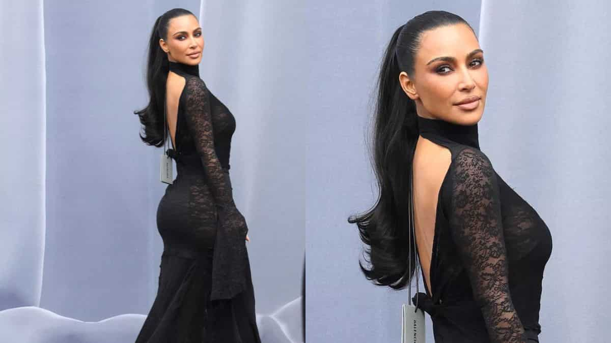 Kim Kardashian channels her inner Morticia Addams for Balenciaga Paris Fashion Week show