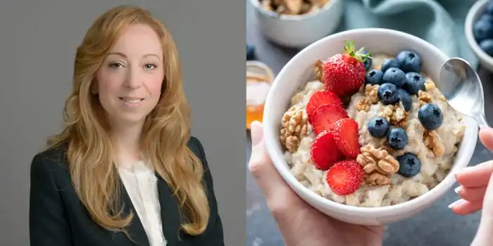 Meredy Birdi (left) Bowl of oatmeal with berries (right).