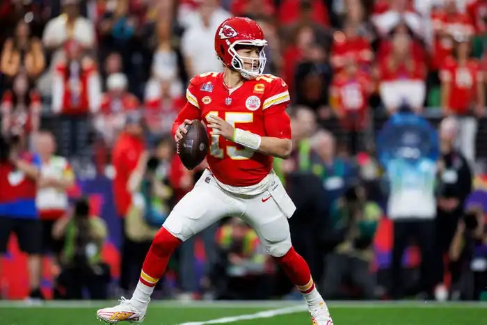 No. 15 Patrick Mahomes playing for the Kansas City Chiefs in the 2024 Super Bowl.