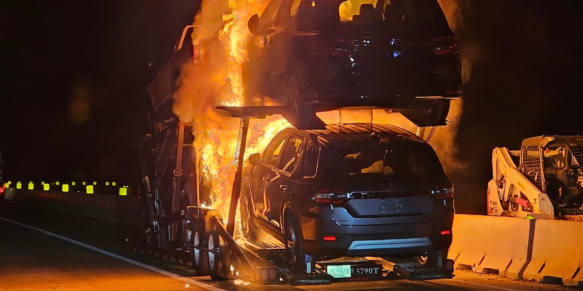 WATCH: Car carrier catches fire on I-20 at state line