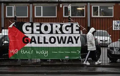 A promotional flag for George Galloway in Rochdale. AFP