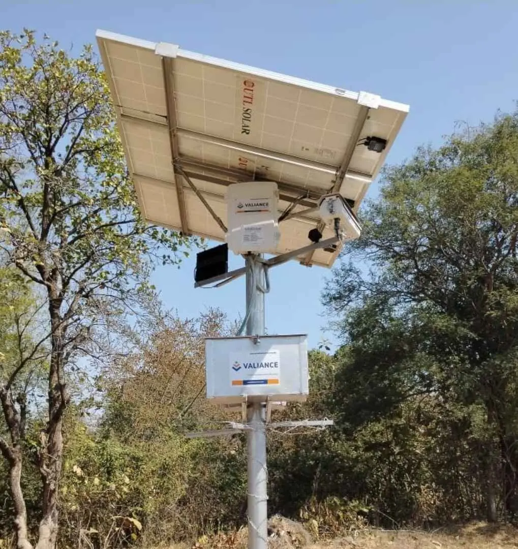 The solution at work: a setup comprising of cameras, LED light, hooters, solar panel and a control panel