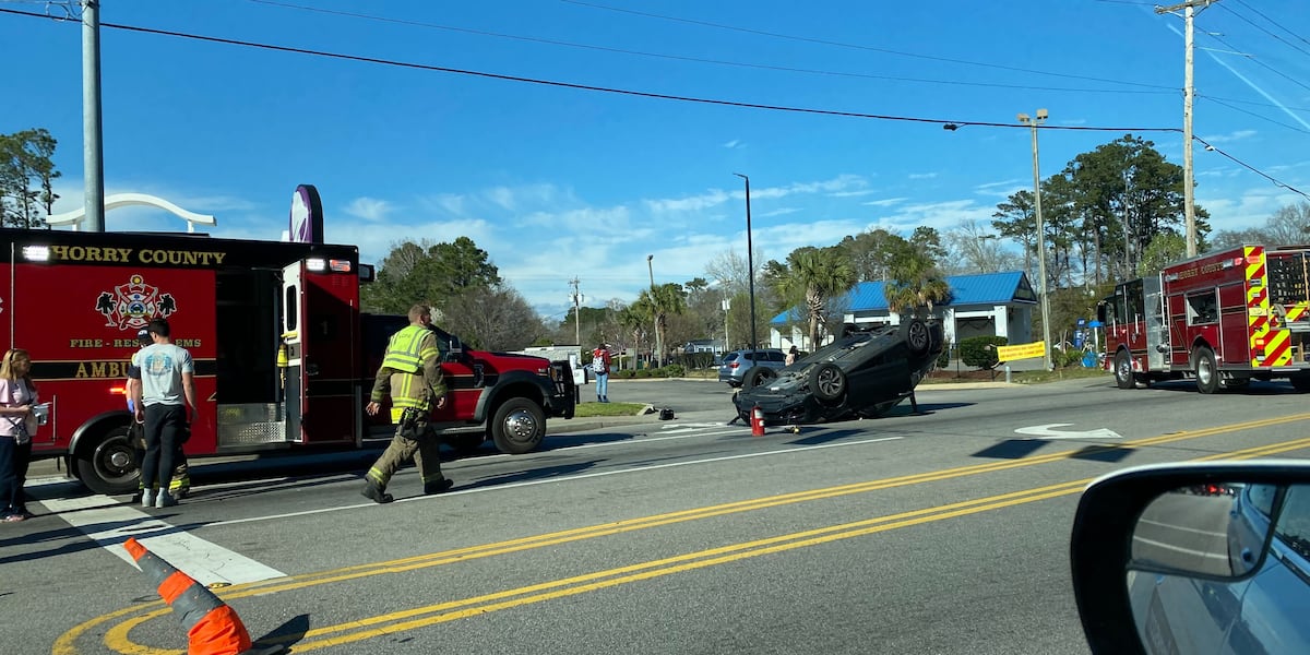 2 injured, lanes blocked after car overturns in crash along Socastee Boulevard, HCFR says