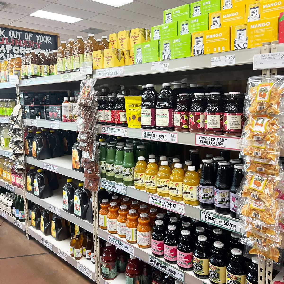 fruit juice aisle at trader joe's