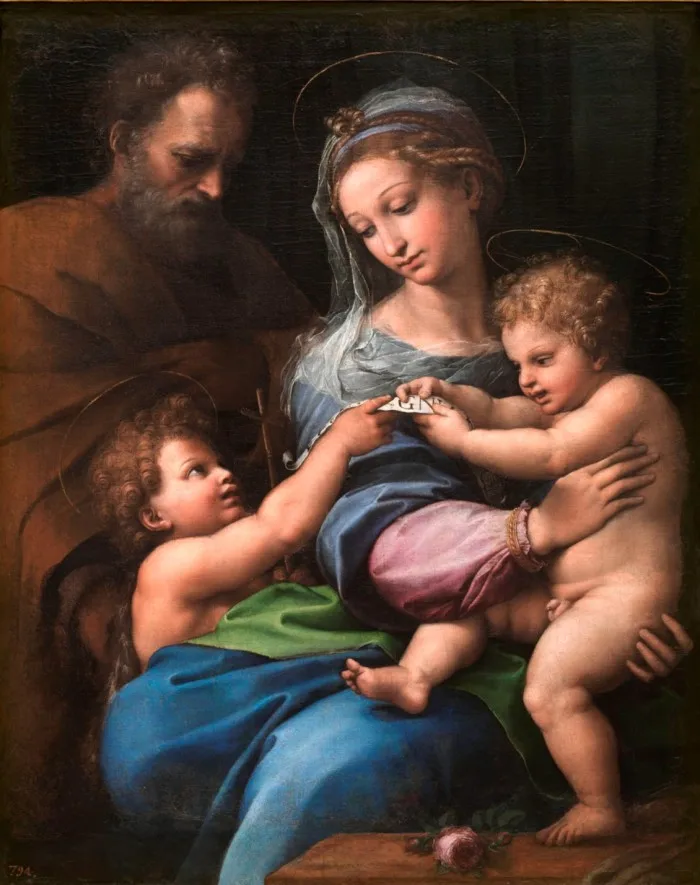A renaissance painting depicts a middle-aged man, a young woman and two babies